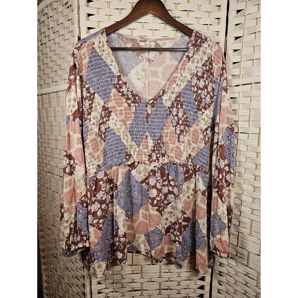 Maurices Patchwork Womens Blouse Size 3X Floral Smocked Cottagecore Boho